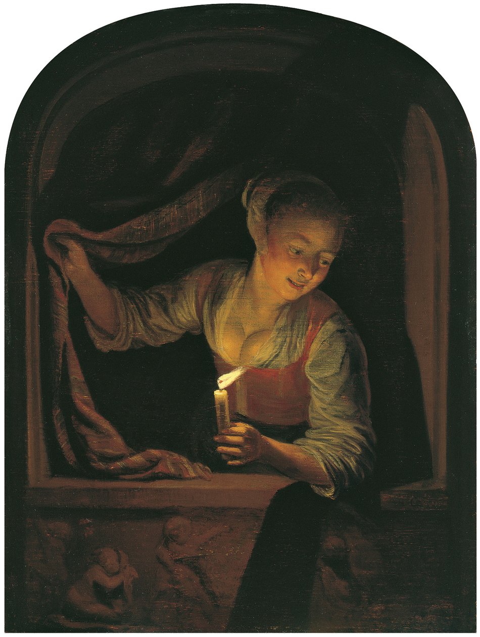 Kvinde med et tændt stearinlys ved et vindue af Gerrit Dou