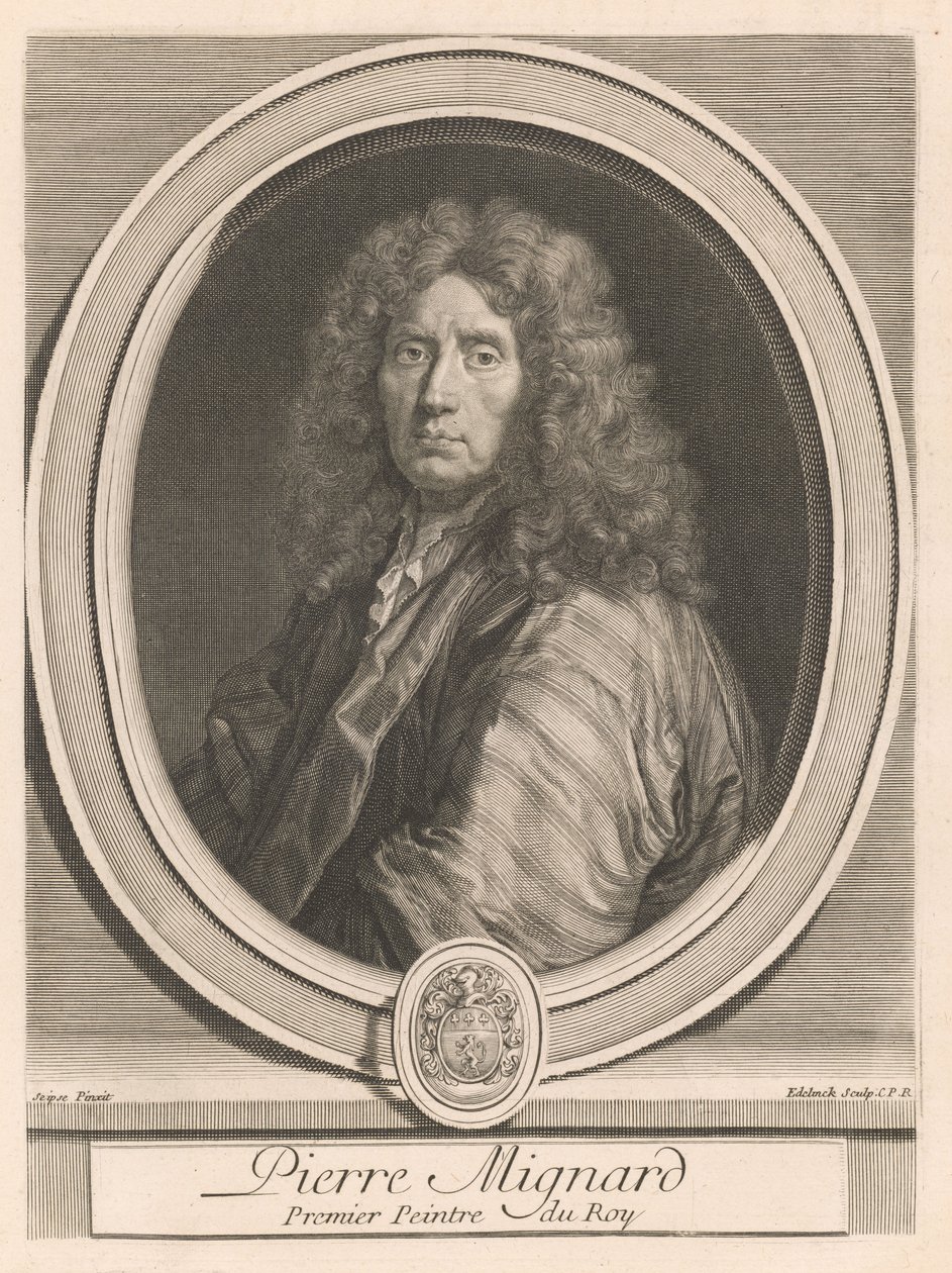 Pierre Mignard, fra bogen *Les hommes illustres qui ont paru en France pendant ce siècle*, bind II, af Charles Perrault (*Berømte mænd, der har levet i Frankrig i dette århundrede*, bind II) af Gérard Edelinck