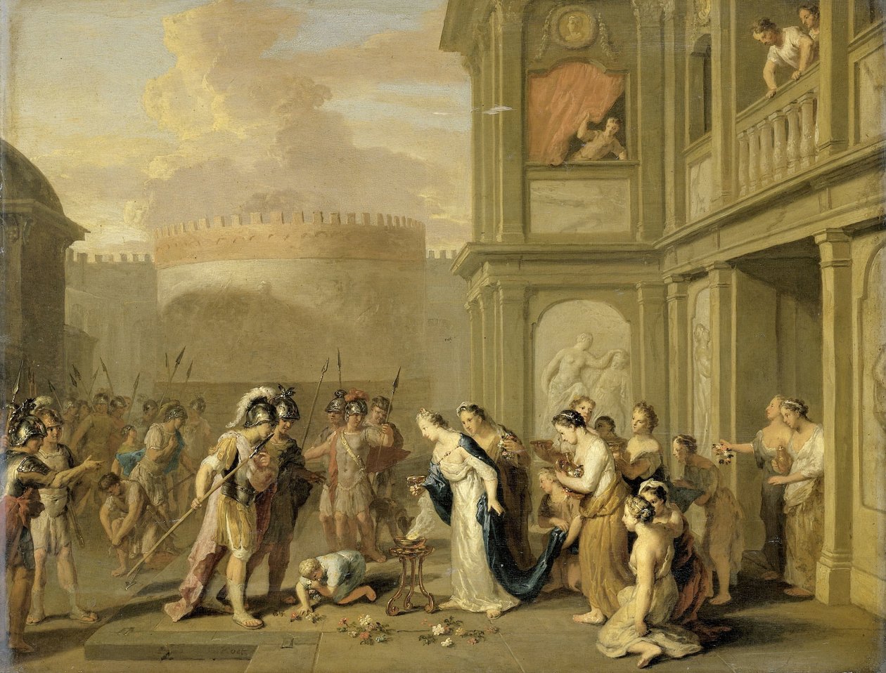 Dronning Cleophis tilbyder vin til Alexander den Store efter hans erobring af Mazaka af Gerard Hoet (I)