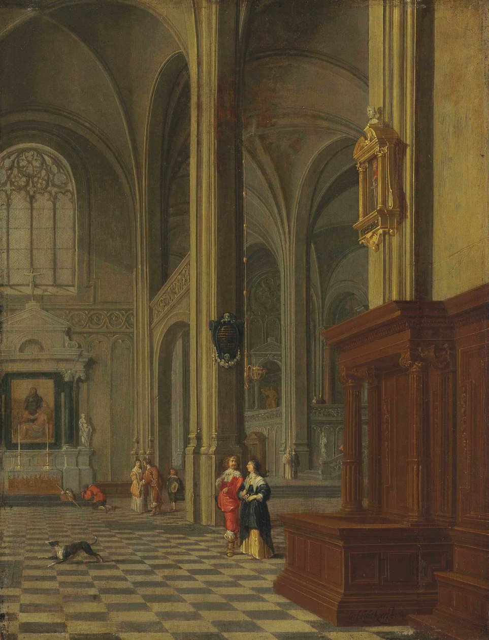 Tysk: Inneres einer Kirche Et gotisk kirkeinteriør med elegante figurer af Gerard Houckgeest
