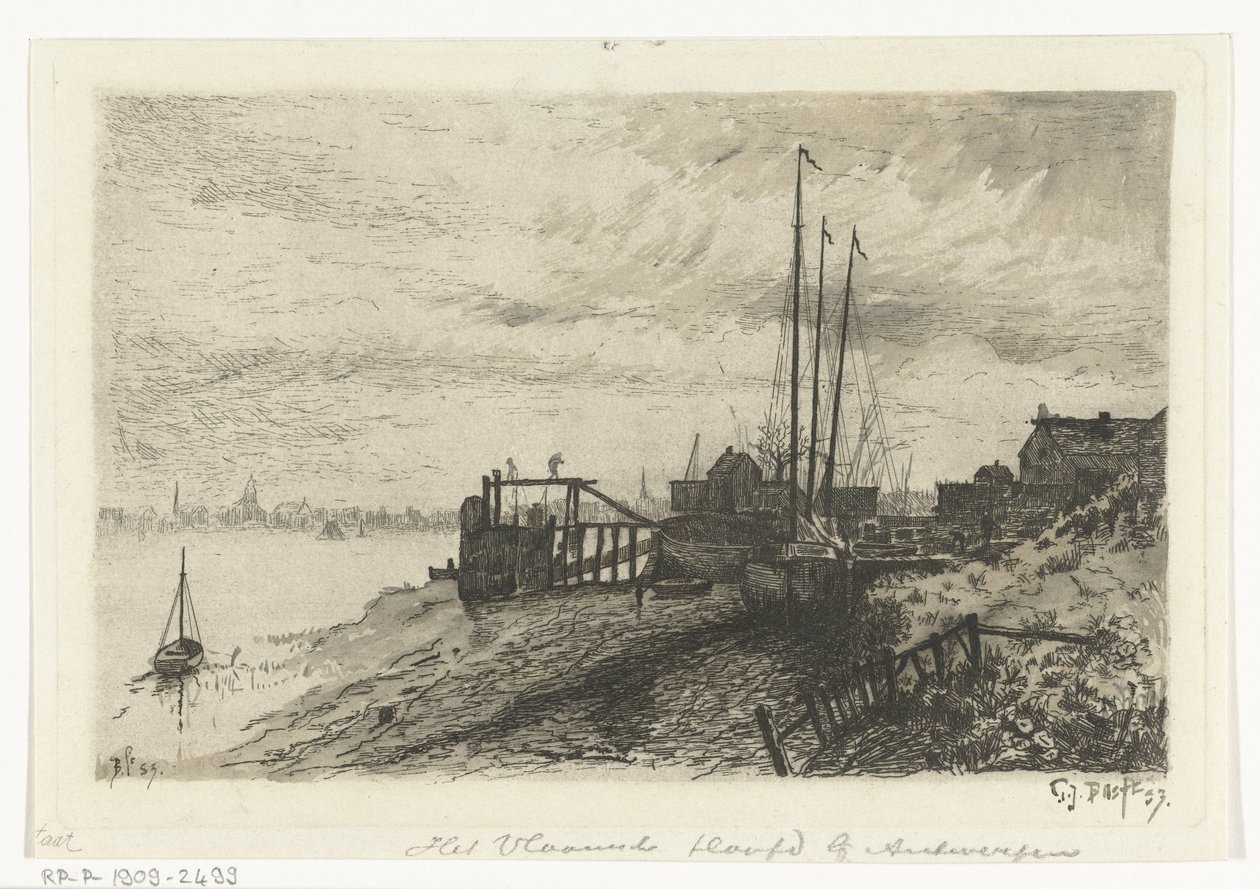 udsigt over floden Det flamske hoved nær Antwerpen (titel på objekt) af Gerard Jan Bos (signed by artist)