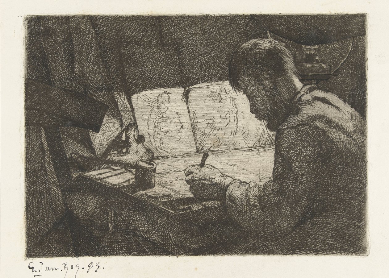 Selvportræt bag tegnebrættet af Gerard Jan Bos (signed by artist)