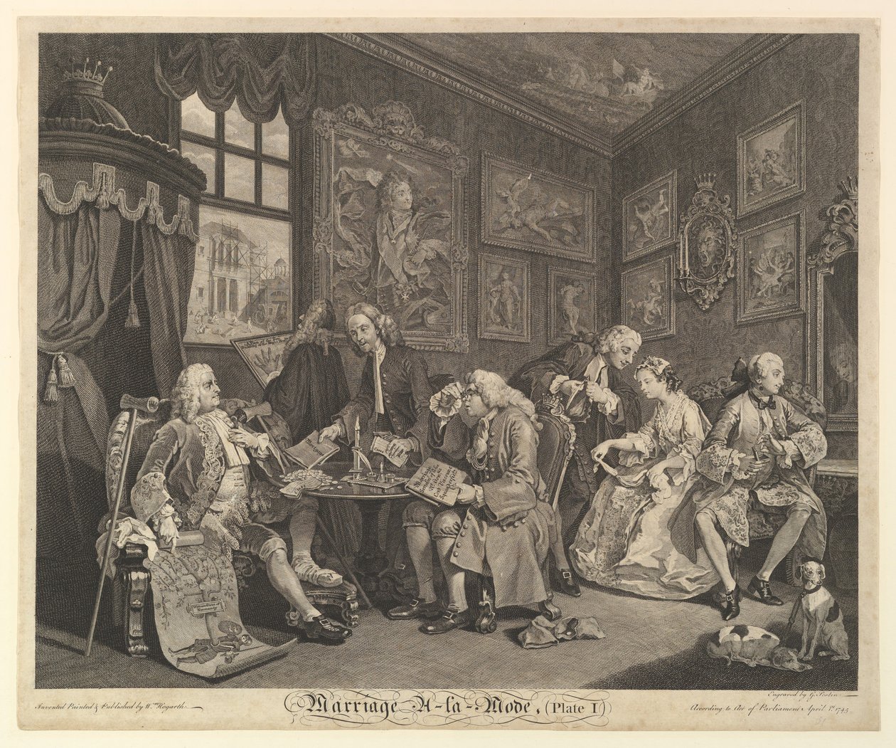 Ægteskab A-la-Mode, Tavle I, 1. april 1745. af Gerard Jean Baptiste Scotin