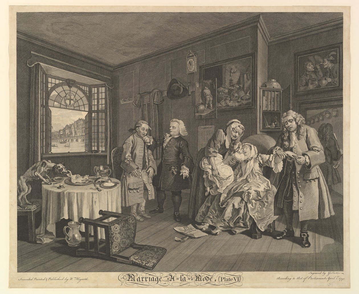 Ægteskab A-la-Mode, Tavle VI, 1. april 1745. af Gerard Jean Baptiste Scotin