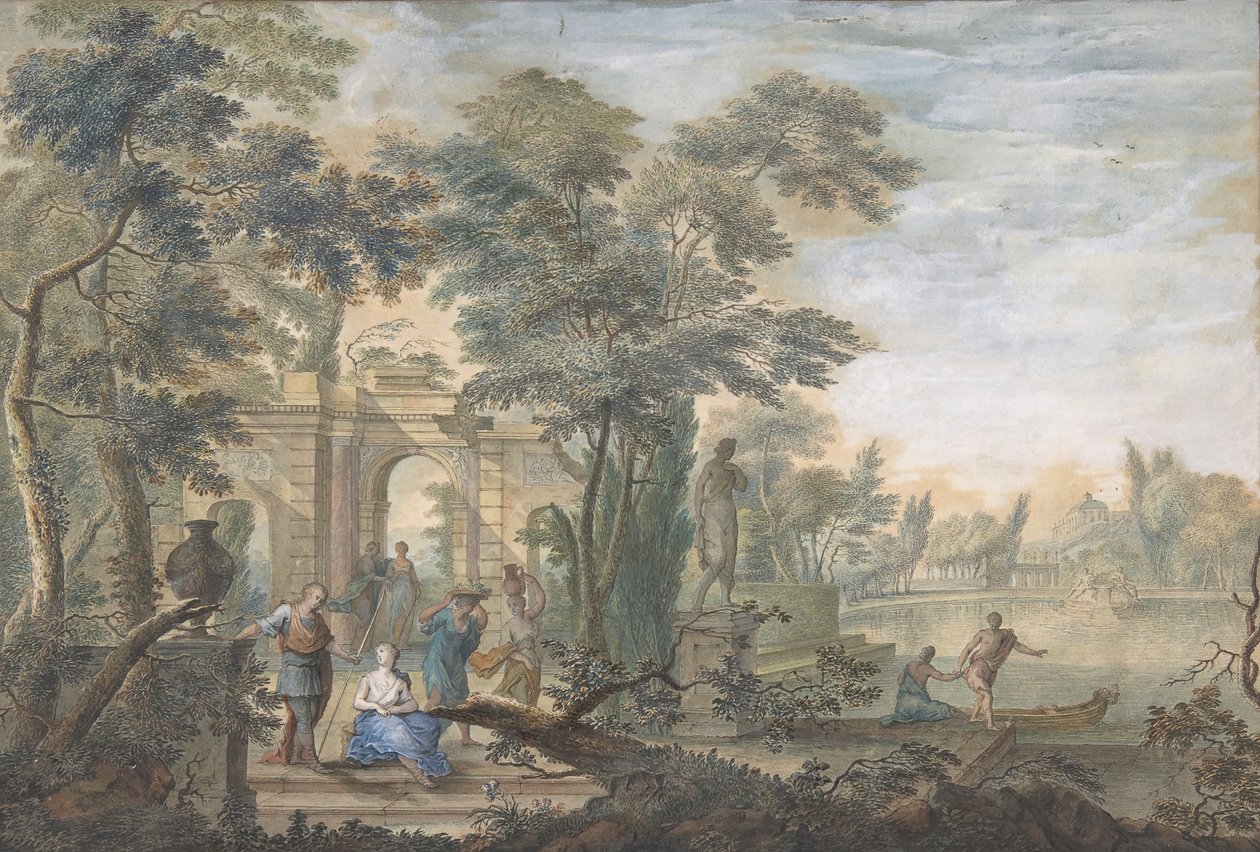 Arkadisk landskab med flere figurer og en statue af Diana, 1700-tallet. af Gerard Melder