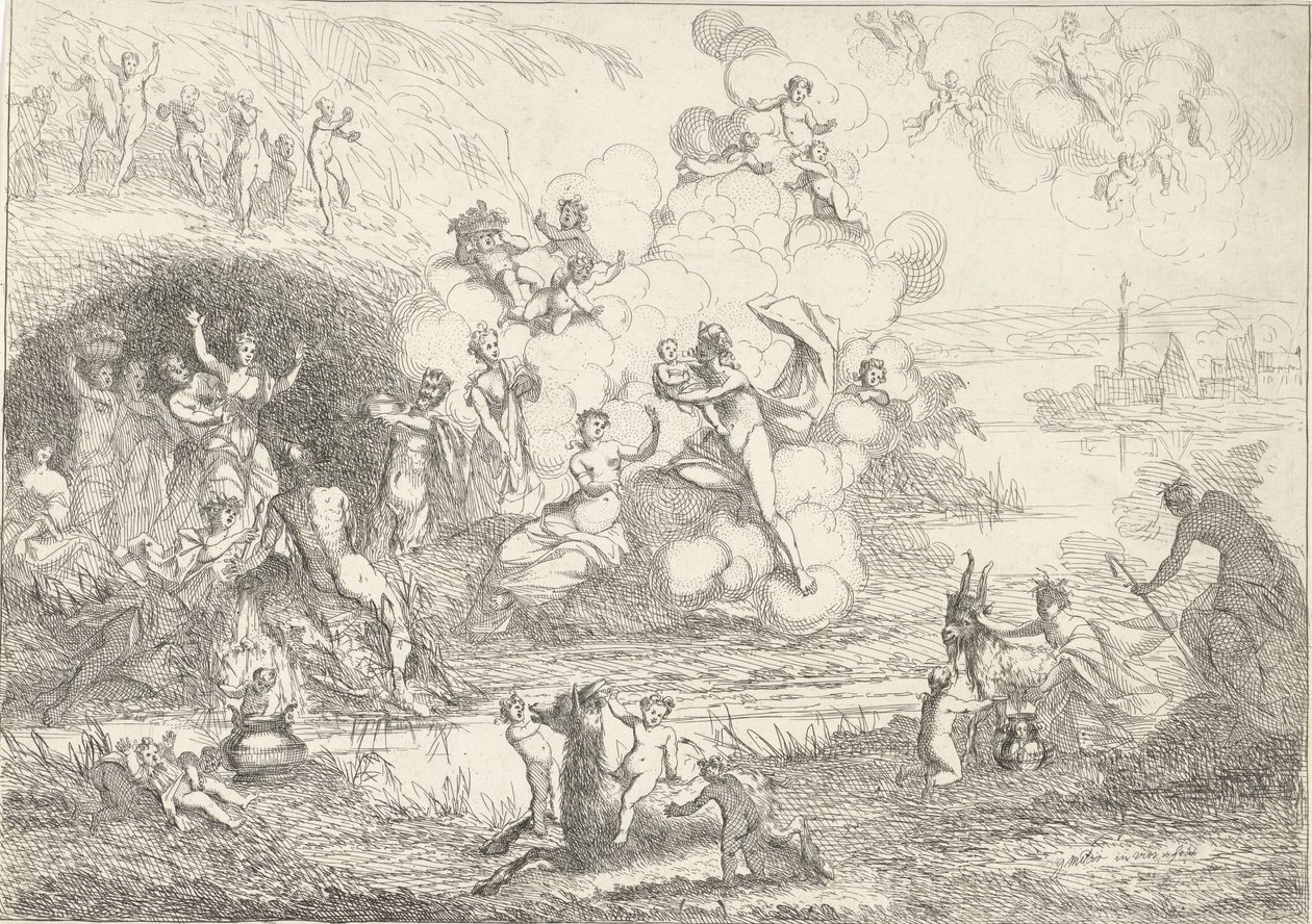 Merkur giver Bacchus til nymferne The Lives of the Bacchantes (serietitel) af Gerard Melder
