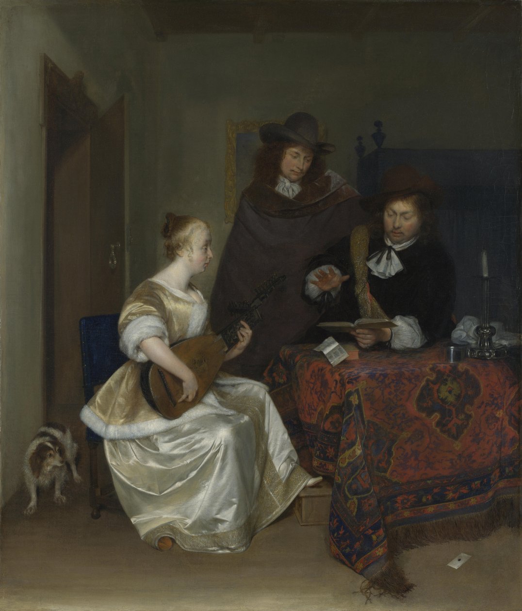 En kvinde, der spiller en Theorbo til to mænd, ca 1668 af Gerard Ter Borch the Younger