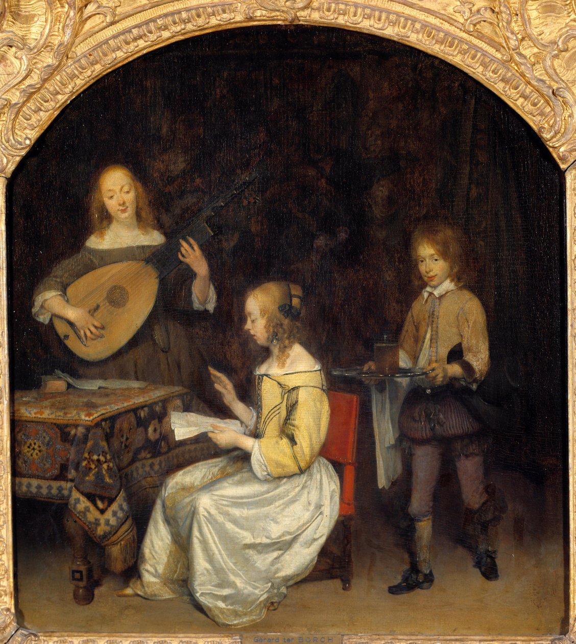 Koncerten: sanger og spiller af Luth Theorbe. Maleri af Gerard Ter Borch (1617-1681), hollandsk skole af Gerard ter Borch