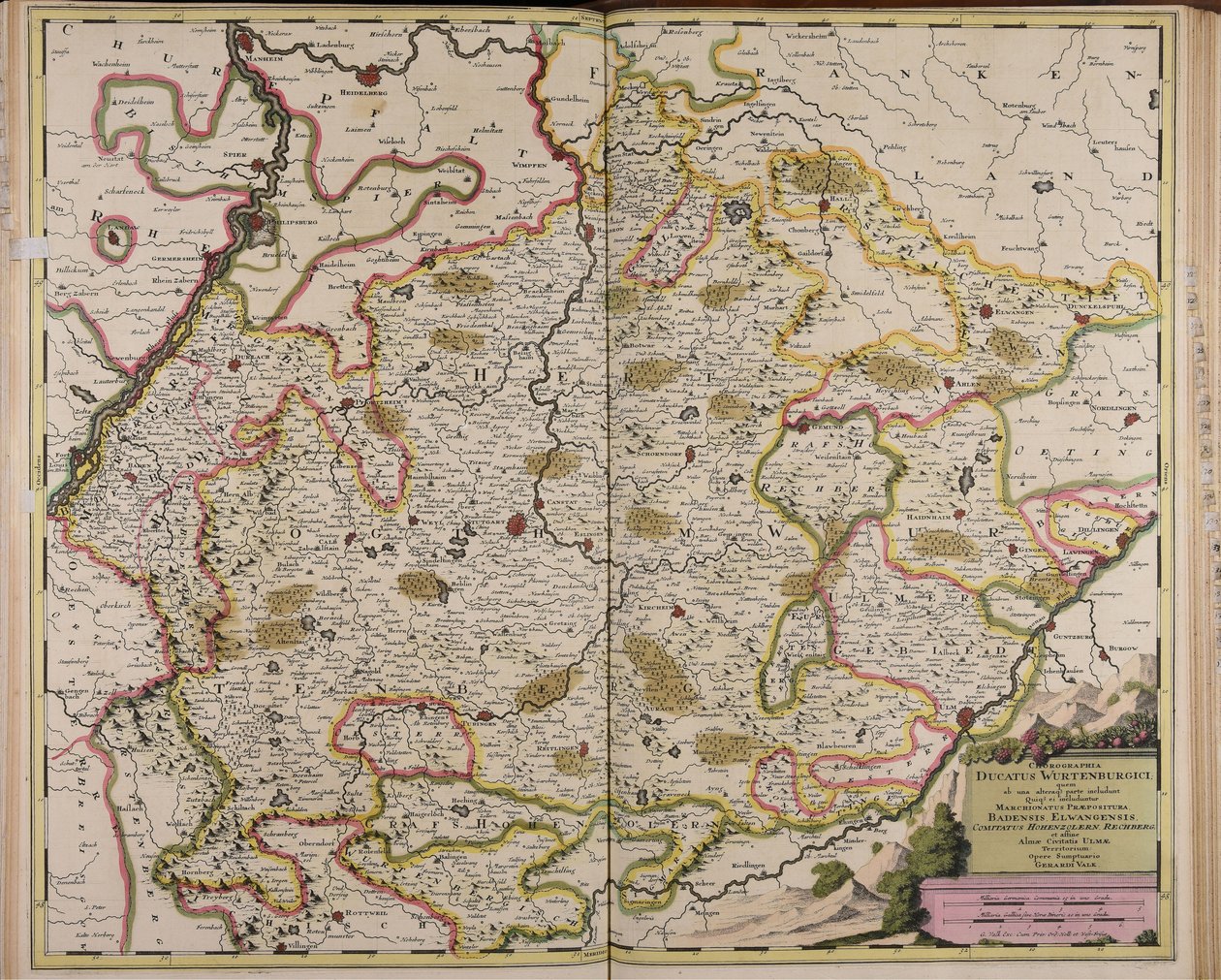 Chorographia ducatus Wurtenburgici quem ab una alteraque parte includunt quique ei includuntur marchionatus praepositura Badensis Elwangensis comitatus Hohenzolern Rechberg et affine almae civitatis Ulmae territorium af Gerard Valck