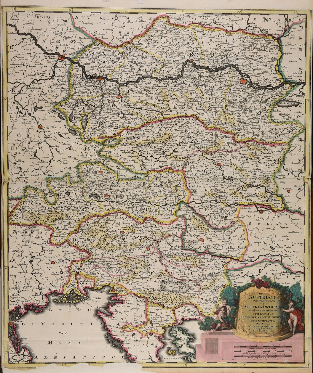 Circuli Austriaci orientalior pars in qua Austria propria et ab ea dependentes tum ducatus Stiriae, Carintiae, Carniolae tum comitatus hisce inclusi Cillensis et Goritiae singuli subdivisi af Gerard Valck