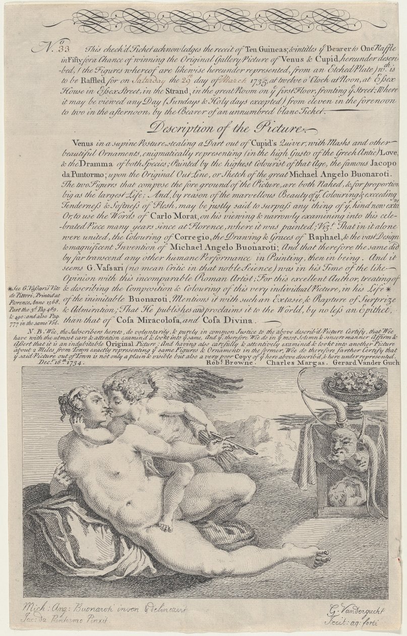 Lotteriet til maleriet af Venus og Amor efter Michelangelo, 1734. af Gerard Vandergucht
