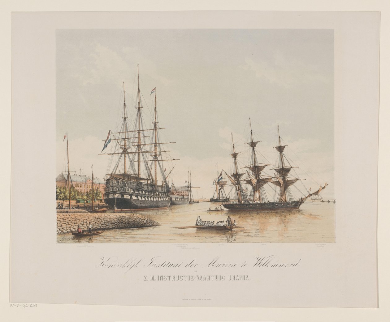 Corvette Z.M. Urania og linjeskib Z.M. Kortenaert Royal Institute of the Navy i Willemsoord og H.M. Instruktionsfartøj Urania (titel på objekt) af Gerard Voorduin