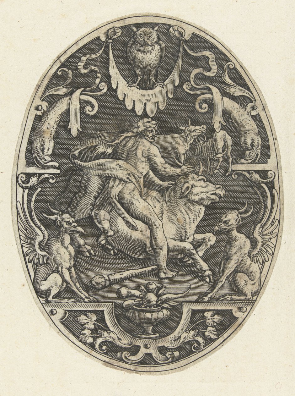 Hercules fanger den kretensiske tyr Ovale overfladedekorationer med Herkules gerninger i grotesker (serietitel) af Gerard de Jode