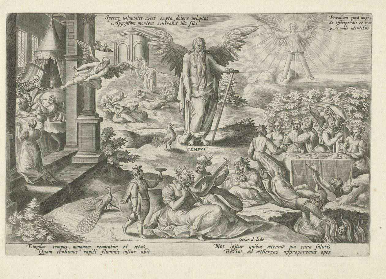 Fader Tid midt i afslappede mennesker Sperne voluptates nocet empta dolore uoluptas (...) (titel på objekt) Moralizing Allegories of Time (serietitel) af Gerard de Jode