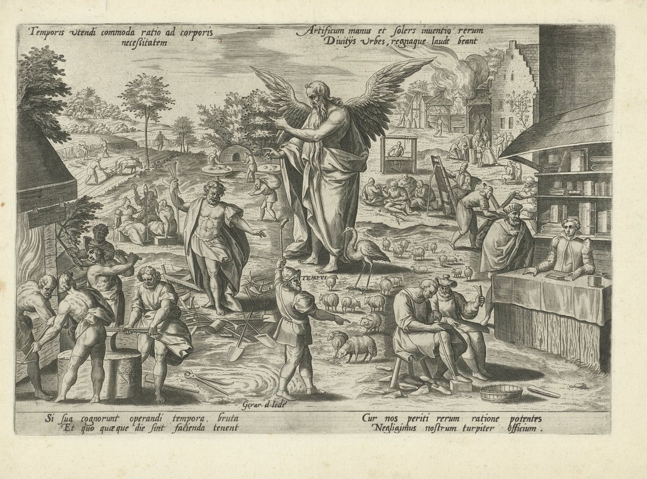 Fader Tid midt i scener med menneskelige erhverv og aktiviteter Temporis utendi commoda ratio ad corporis neceßitatem (...) (titel på objekt) Moralizing Allegories of Time (serietitel) af Gerard de Jode