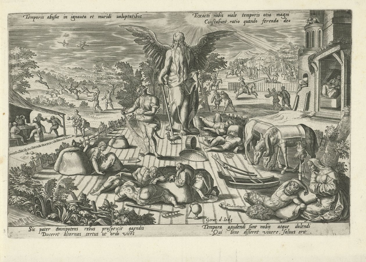 Fars tid midt i scener med dårlig opførsel Temporis abusus in ignauta et muridi uoluptatibus (...) (titel på objektet) Moralizing Allegories of Time (serietitel) af Gerard de Jode
