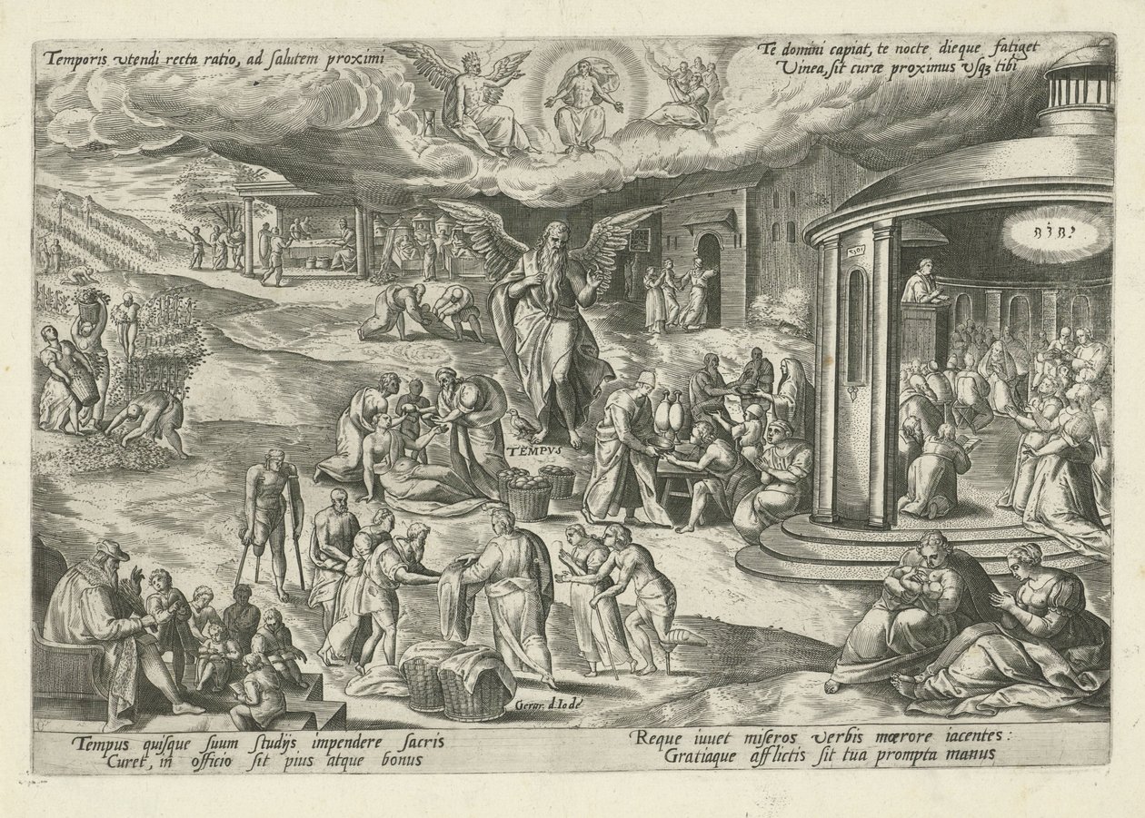 Fader Tid midt i scener med barmhjertighedsværker og kristne dyder Temporis utendi recta ratio, ad salutem proximi (...) (titel på objekt) Moralizing Allegories of Time (serietitel) af Gerard de Jode