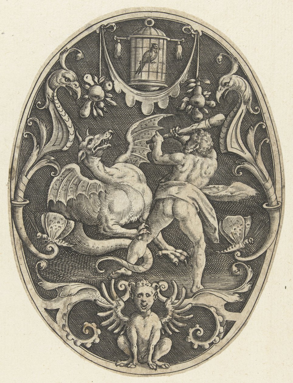 Overfladedekoration: Hercules dræber dragen Ladon Ovale overfladedekorationer med Herkules gerninger i grotesker (serietitel) af Gerard de Jode