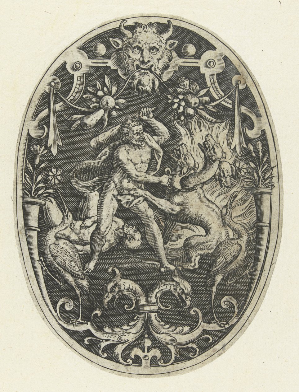 Overfladedekoration: Hercules dræber monsteret Geryon Ovale overfladedekorationer med Herkules gerninger i grotesker (serietitel) af Gerard de Jode