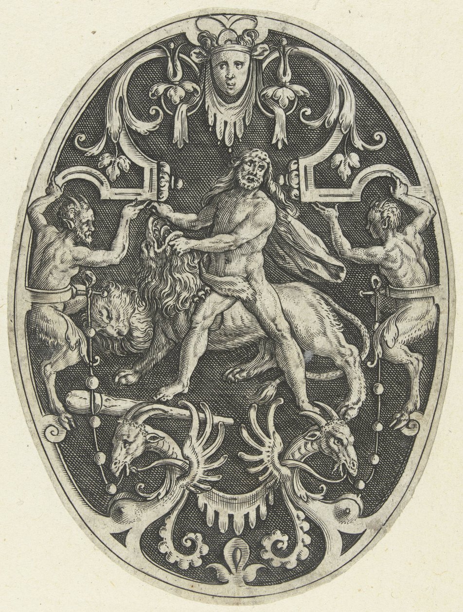 Overfladedekoration: Hercules og Nemean-løven Ovale overfladedekorationer med Herkules gerninger i grotesker (serietitel) af Gerard de Jode