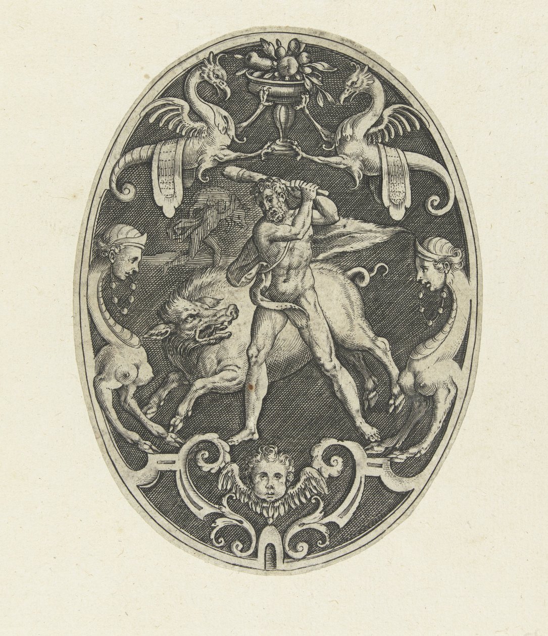 Overfladedekoration: Hercules fanger den erymantiske orne Ovale overfladedekorationer med Herkules gerninger i grotesker (serietitel) af Gerard de Jode