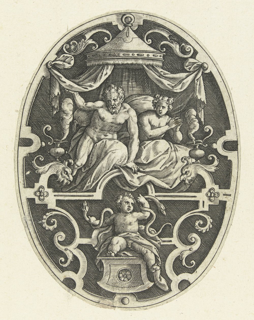 Overfladedekoration: Hercules kvæler de to slanger i sin vugge Ovale overfladedekorationer med Herkules gerninger i grotesker (serietitel) af Gerard de Jode
