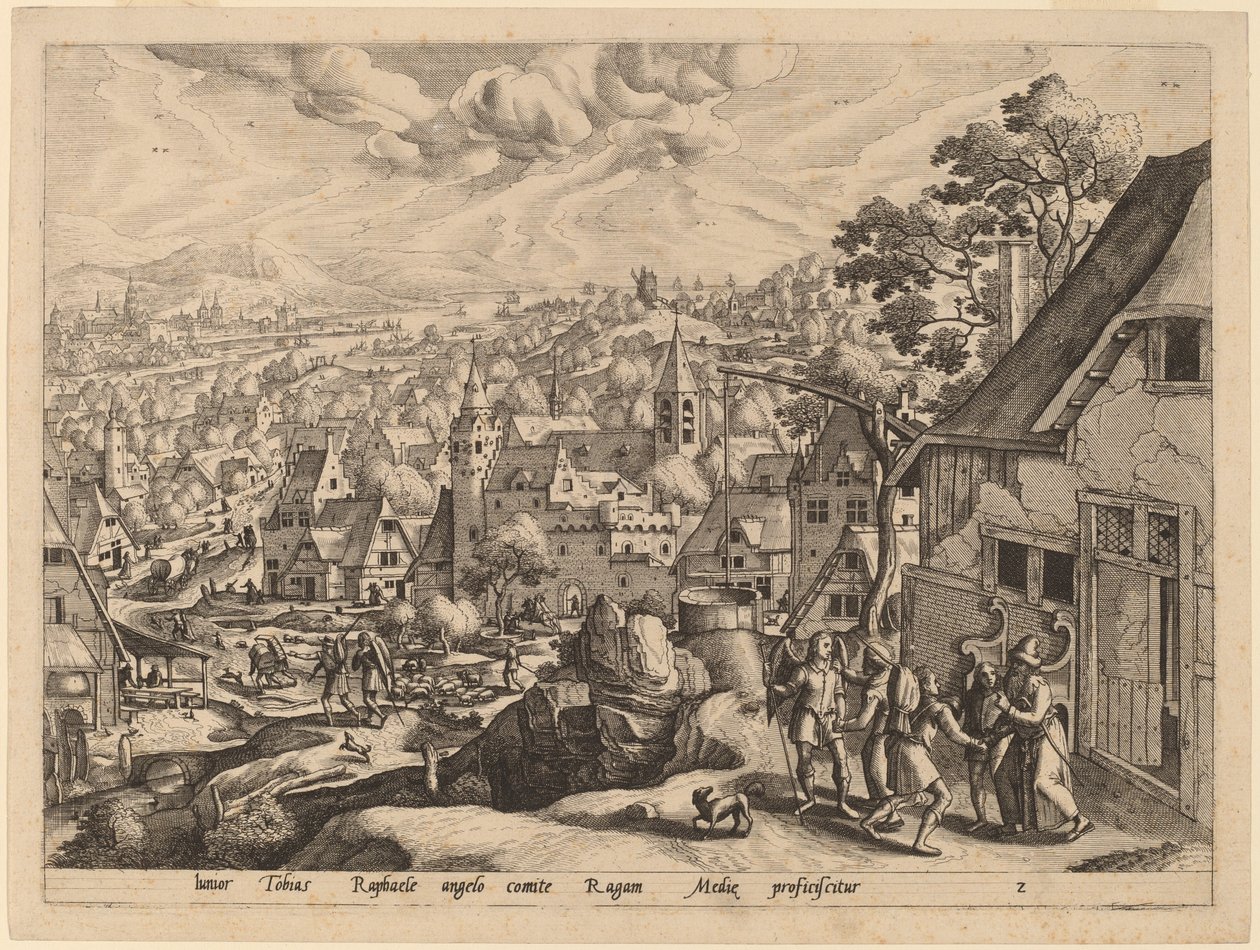 Ærkeenglen Raphael tager Tobias fra sit hjem af Gerard de Jode after Hans Bol