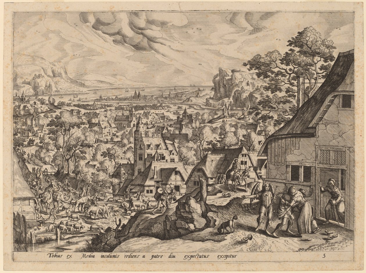 Tobias vender hjem med sin brud af Gerard de Jode after Hans Bol