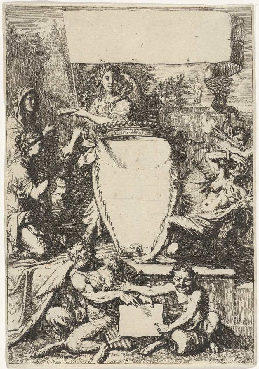 Cartouche omgivet af allegoriske figurer af Gerard de Lairesse