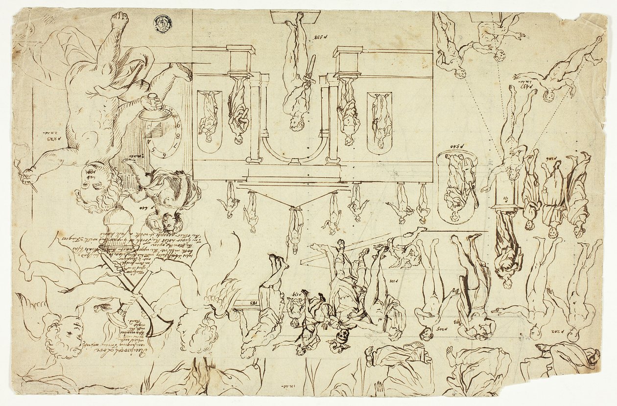 Kopier efter illustrationer af statuer og malerier (recto); mål til en mands skelet (verso) af Gerard de Lairesse