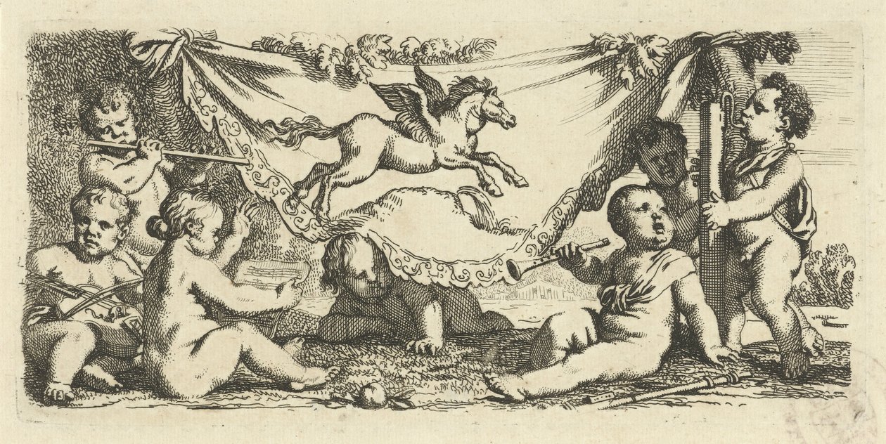 Putti laver musik med Pegasus af Gerard de Lairesse