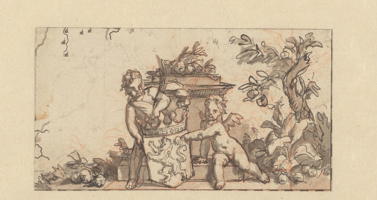 Design til en vignet med to putti med Hollands våbenskjold af Gerard de Lairesse