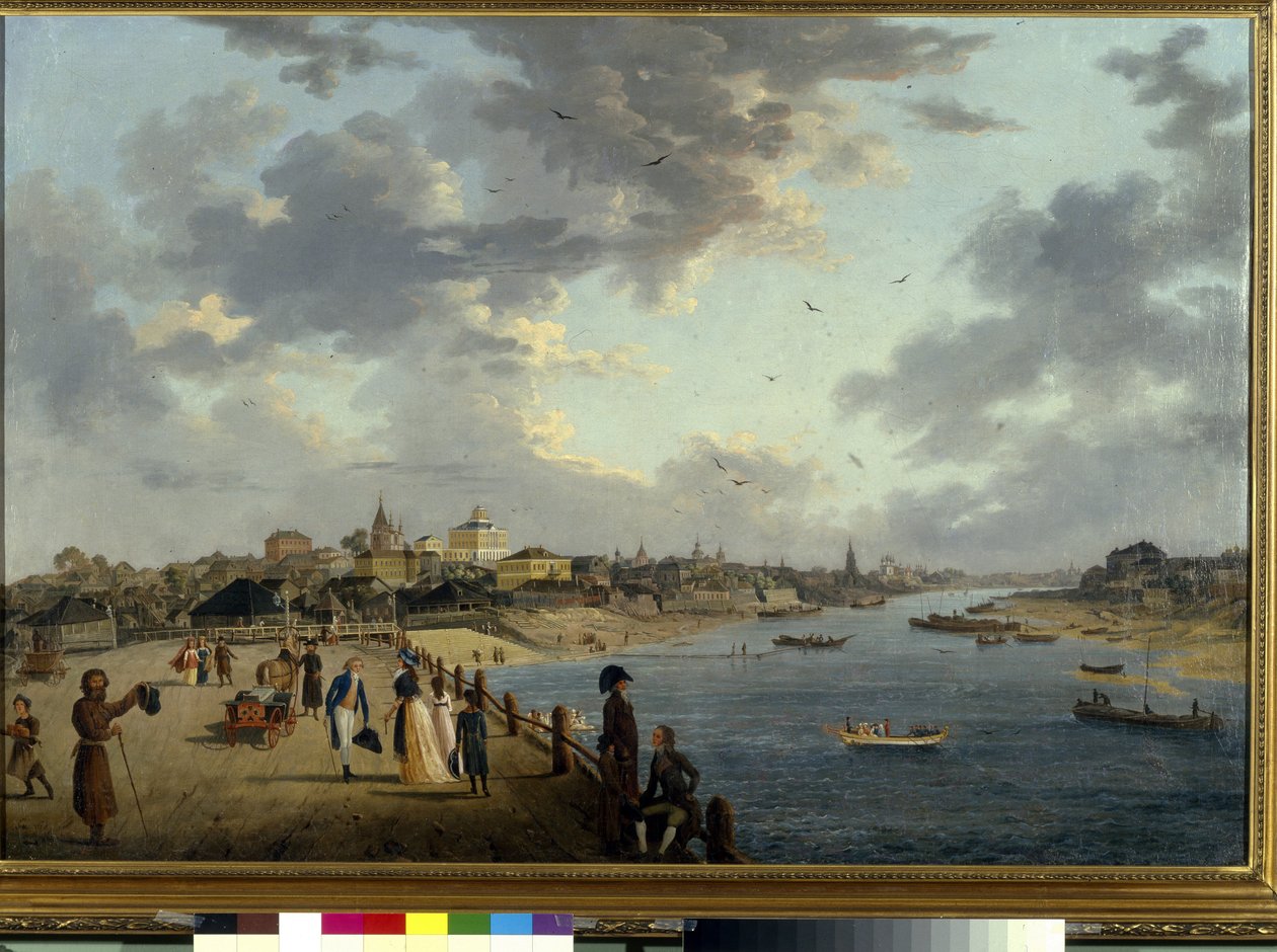 Yaouza-floden i Moskva. (Yauza-floden i Moskva). Udsigt over byen og beskrivelse af bredden af ​​Moscovas biflod. Maleri af Gerard de la Barthe (aktiv mellem 1787-1810), olie på lærred, ca. 1790. Fransk kunst af Gerard de la Barthe