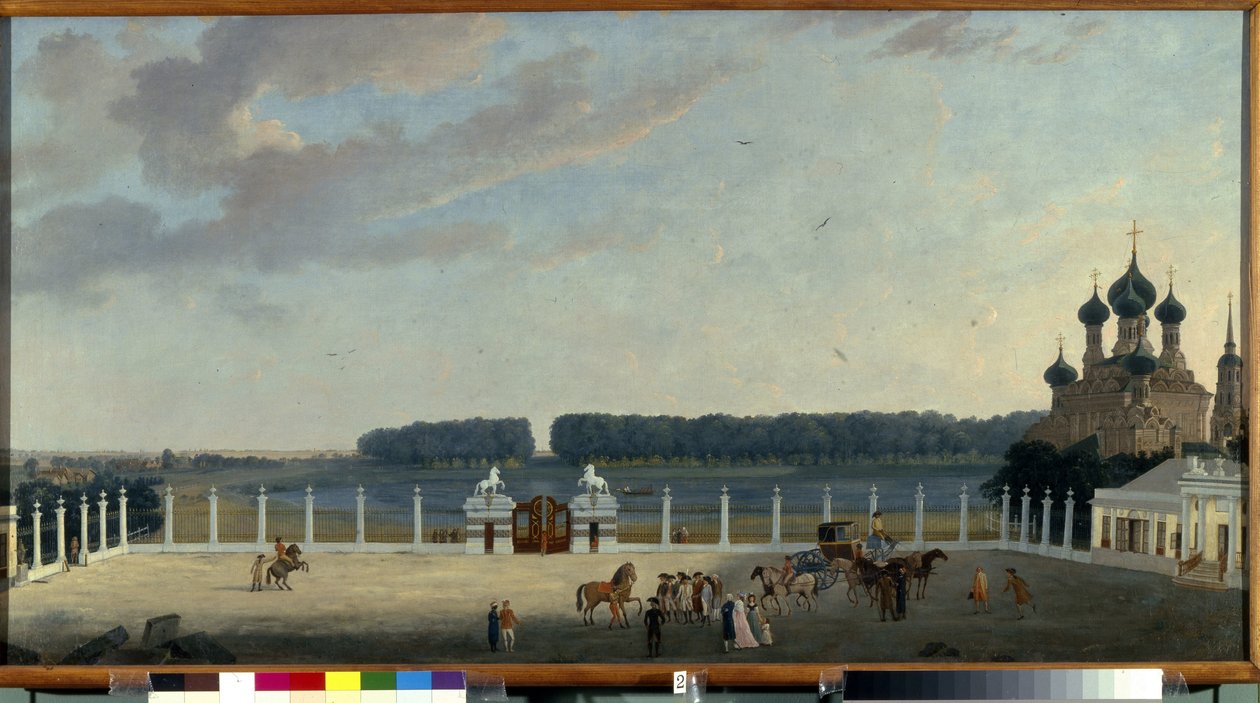 Udsigten fra vinduerne i Ostankino-paladset (Moskva) (Udsigt fra vinduerne i Ostankino-paladset). Maleri af Gerard de la Barthe (aktiv 1787-1810), olie på lærred, ca. 1790. Fransk kunst fra 1700-tallet. Det russiske statsmuseum, Sankt Petersborg. af Gerard de la Barthe