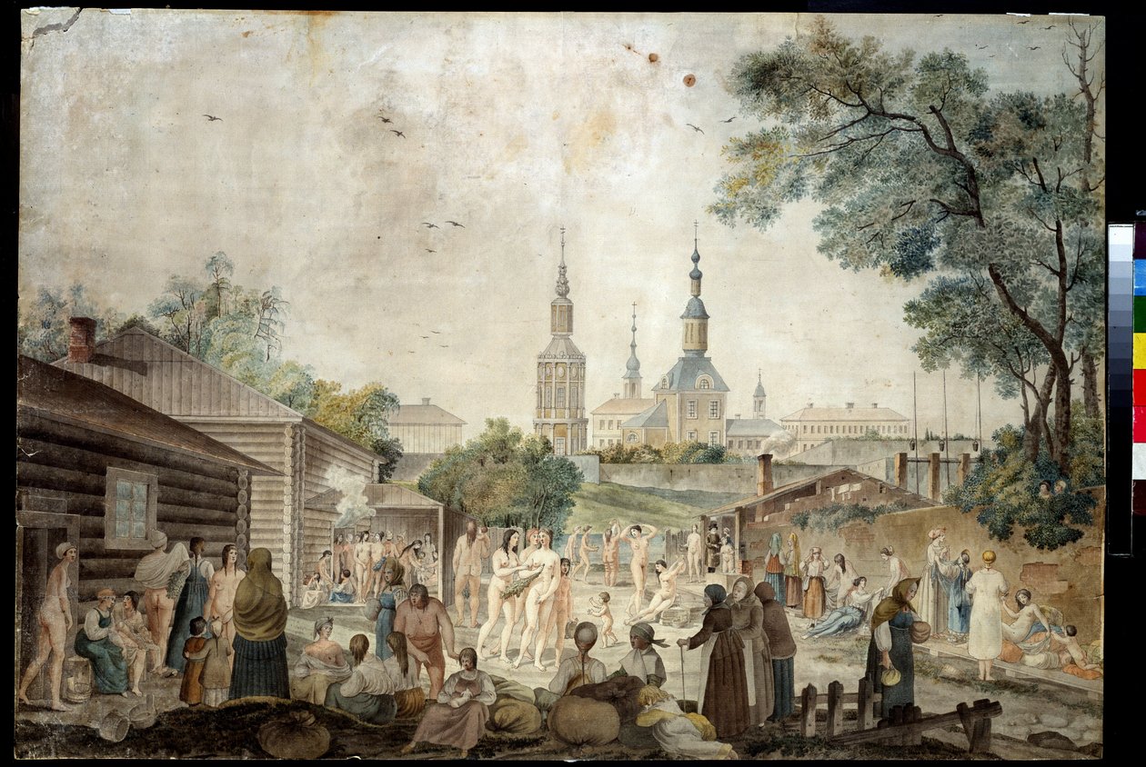 En termisk kur (Sauna) i Moskva (Et kurbad i Moskva). Maleri af Gerard de la Barthe (aktivt mellem 1787 og 1810). Akvarel på papir, 45,7 x 66,7 cm, ca. 1790. Fransk kunst fra 1700-tallet. Museum for private samlinger i A. Pushkin Museum of Fine A af Gerard de la Barthe