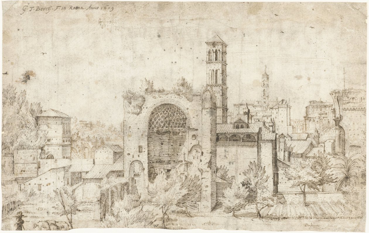Udsigt over apsis af Venus- og Romatemplet og klostret S. Maria Nova, Rom af Gerard ter Borch
