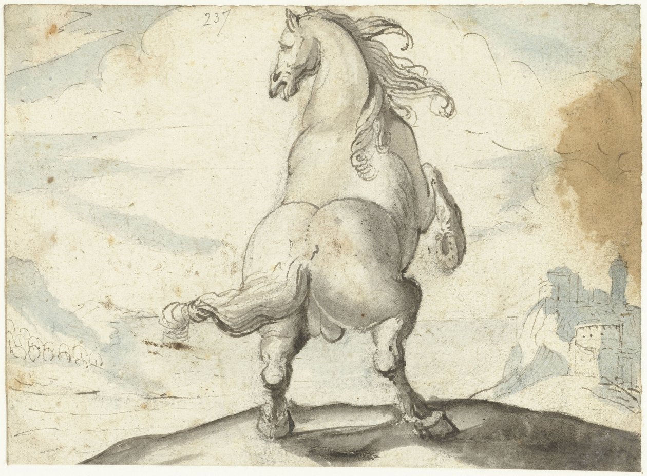 Opvoksende hest foran en italiensk havneudsigt af Gerard ter Borch (I)