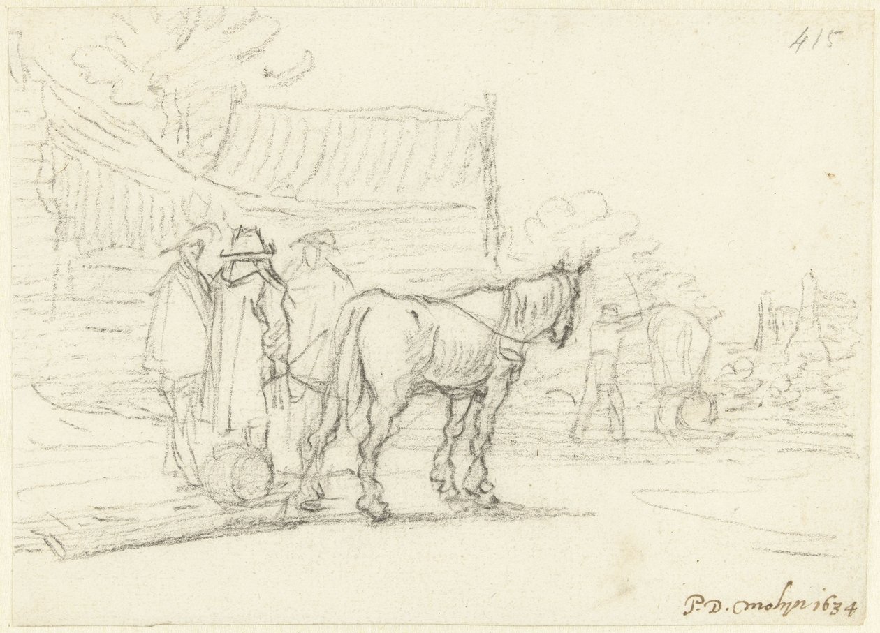 Tre mænd ved siden af ​​en hest og slæde af Gerard ter Borch (II)