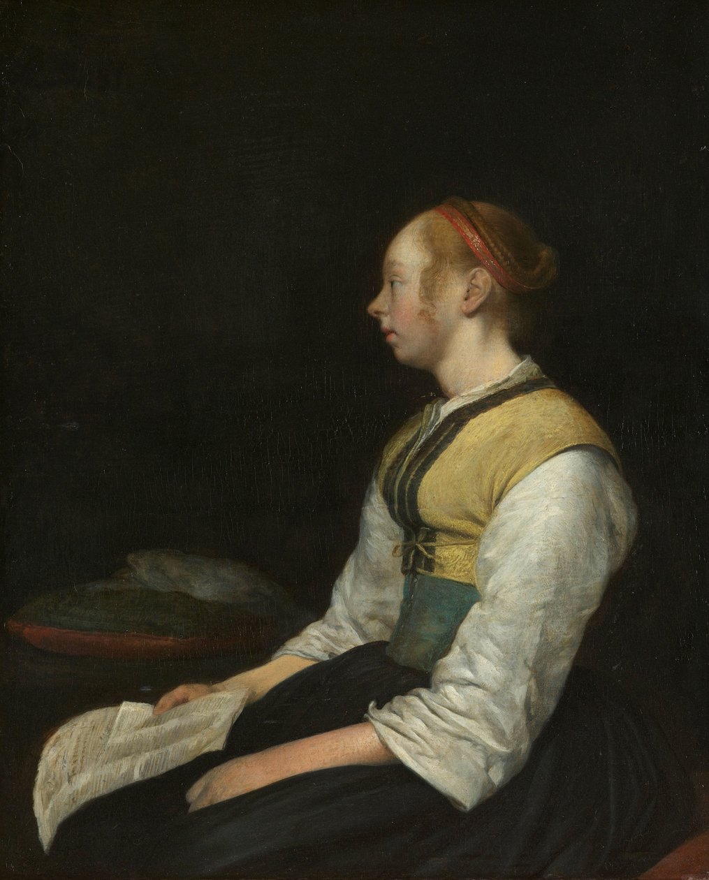 Siddende Pige i Bondedragt Siddende Pige i Bondedragt. Sandsynligvis Gesina (1631-1690), Malernes Halvsøster af Gerard ter Borch (II)