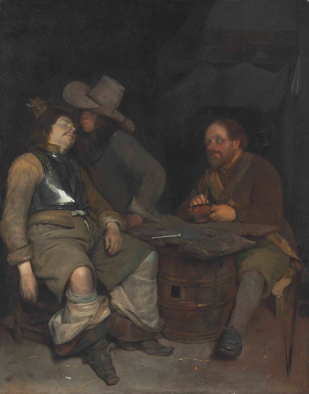 Et vagtværelse med en soldat, der puster røg ud af Gerard ter Borch