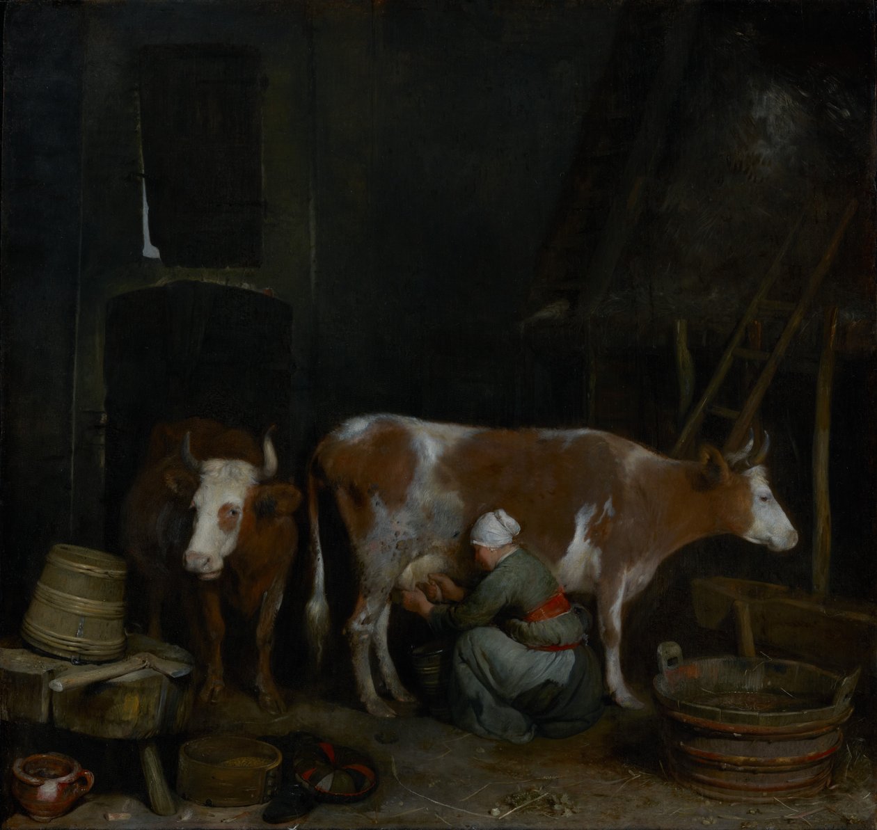 En tjenestepige malker en ko i en lade af Gerard ter Borch
