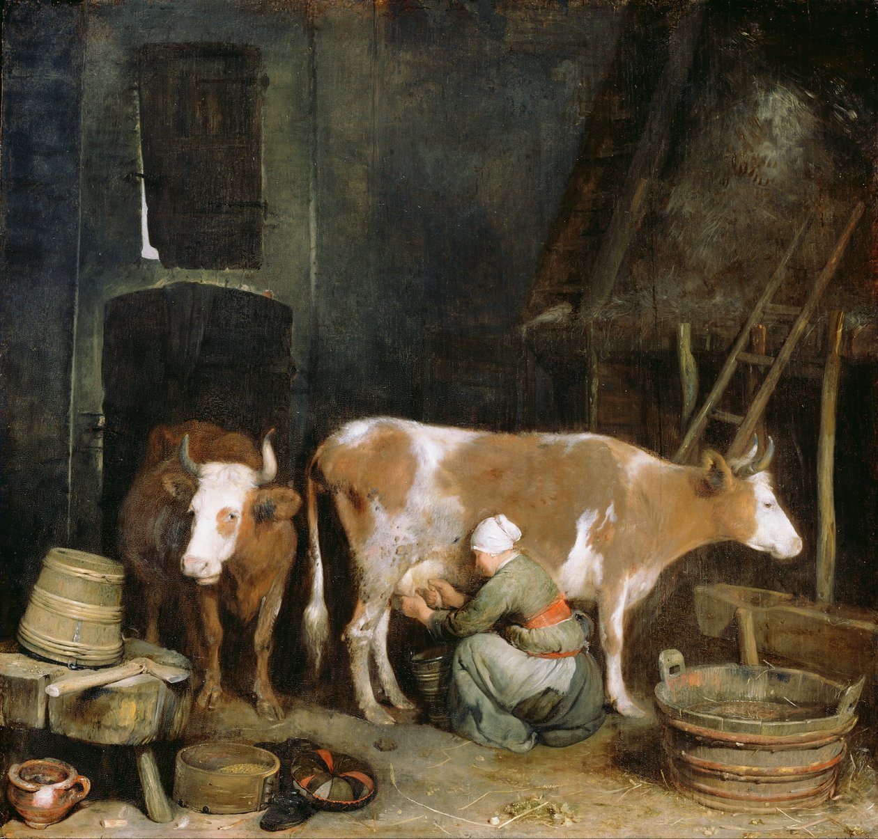 En stuepige, der malker en ko i en stald af Gerard ter Borch