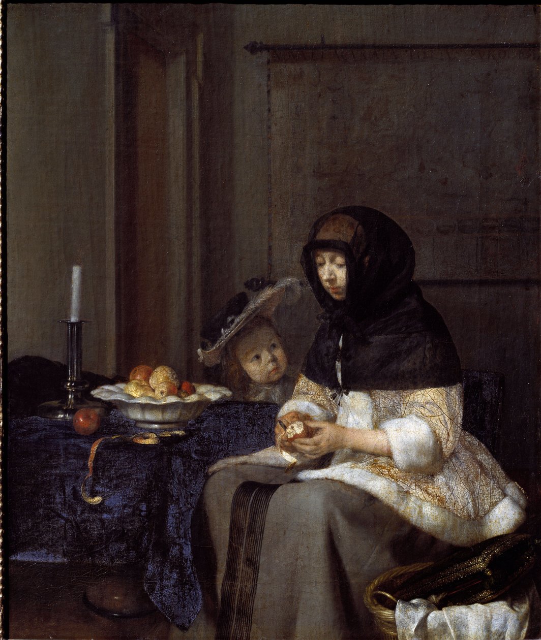 En mor, der skræller et æble (olie på lærred af Gerard ter Borch