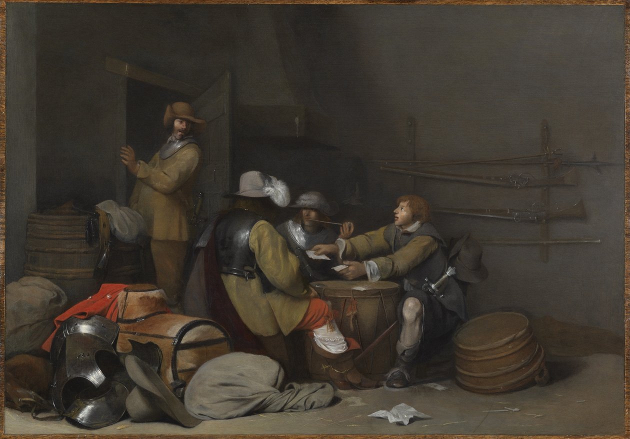 Vagtstueinteriør med soldater, der ryger og spiller kort af Gerard ter Borch