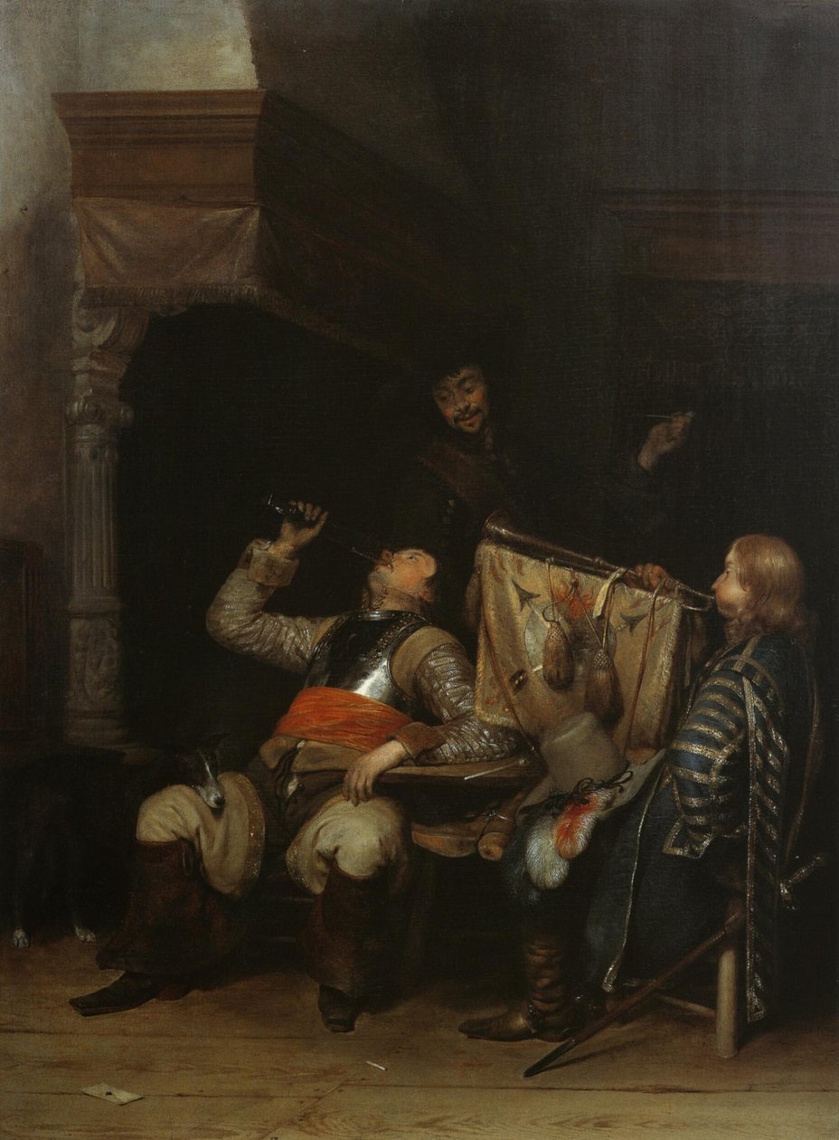 Soldater drikker, ryger og spiller musik i et interiør af Gerard ter Borch