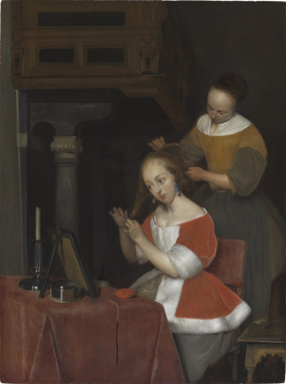 Kvinde sidder ved sit toilet af Gerard ter Borch