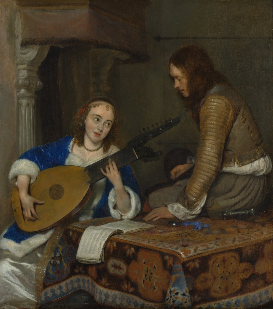 En kvinde, der spiller teorbolut og en kavaler, ca. 1658 af Gerard ter Borch