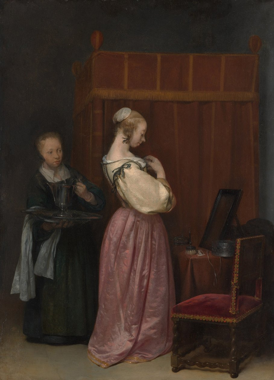 En ung kvinde ved sit toilet med en tjenestepige, ca. 1650-51 af Gerard ter Borch