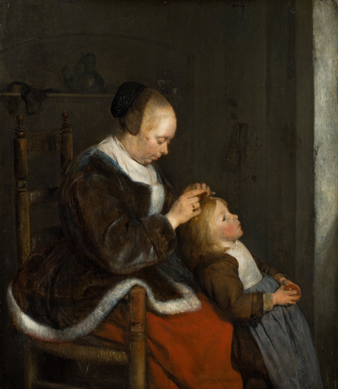 Mor kæmmer sit barns hår, kendt som Jagt efter lus, ca. 1652-1653 af Gerard ter Borch