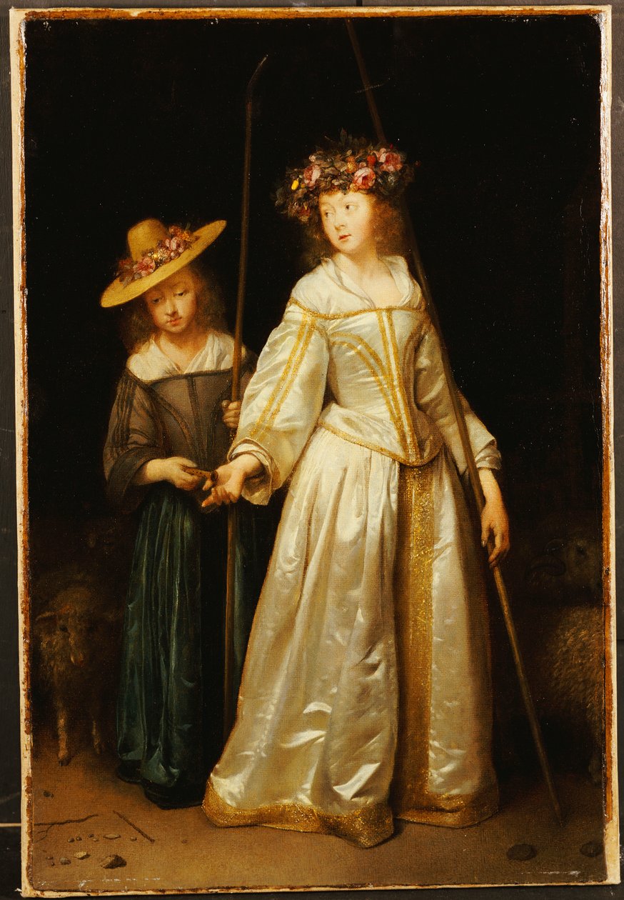 Kunstnerens stedsøster, med sin yngre søster Catharina, der giver hende en fløjte, 1651 af Gerard ter Borch